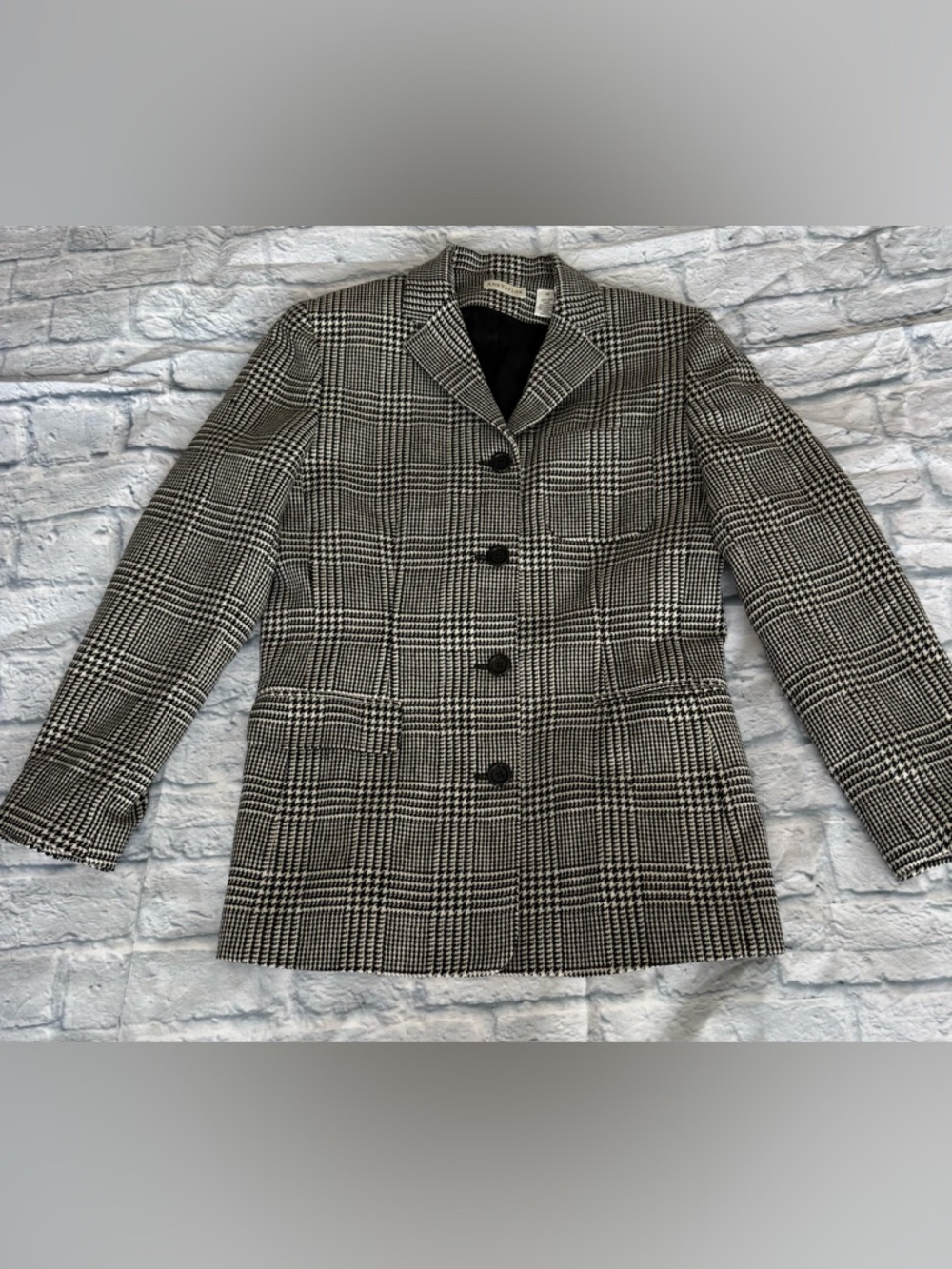 Ann Taylor Houndstooth Tweed Wool Blazer Suit Jacket Black White 10 Vintage 1929